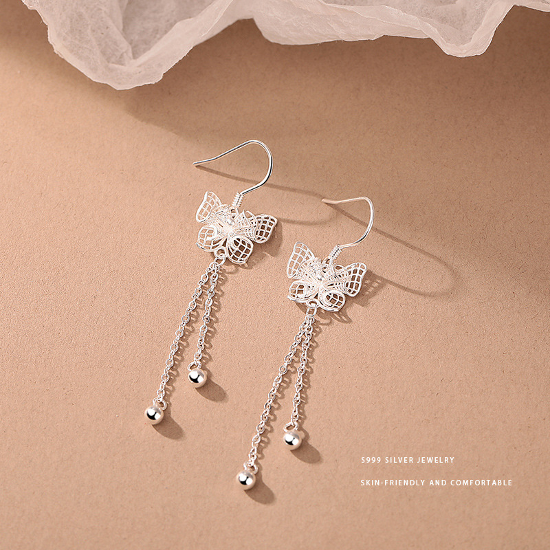 蝴蝶流苏耳环S999足银精美蝴蝶流苏耳钉女淡雅气质显瘦长款耳钩