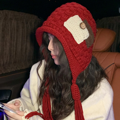 新款时尚贴布流苏针织帽女秋冬保暖毛线帽圣诞小红帽韩版显脸小