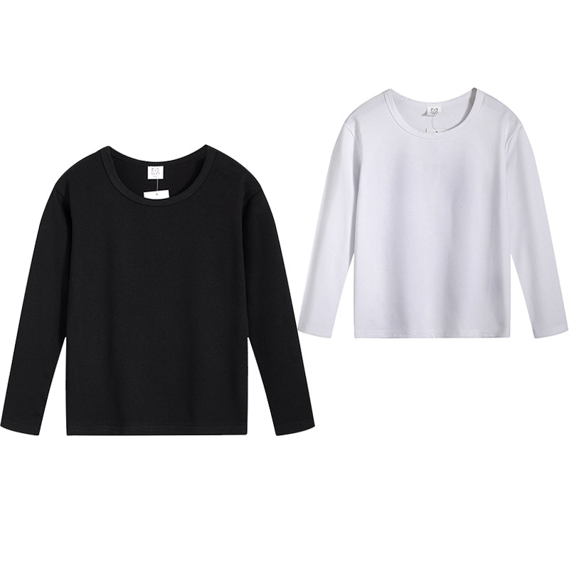 自产自销款 2025年春秋新品黑白纯色棉t恤 男童女童打底衫长袖
