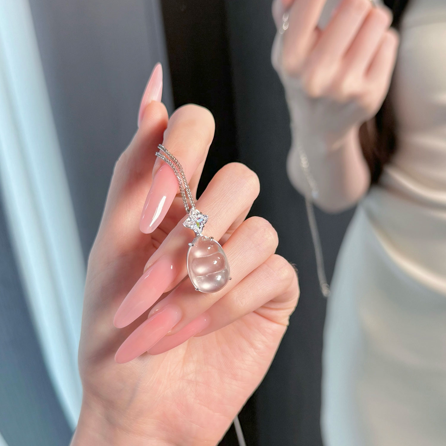 水沫玉福豆项链纯银长款项链女款