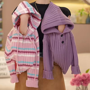 拉链上衣 中大童开衫 女童连帽彩条毛衣秋冬2025新款 儿童加厚针织衫