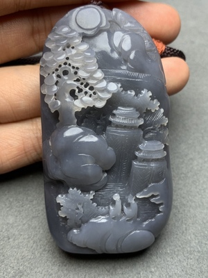 和田玉老料浓烟紫山水手把件手工雕刻镂空精工