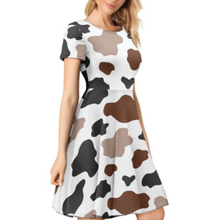 夏季短袖奶牛斑纹黑白图案连衣裙女装时尚正装长裙时尚简约A字裙