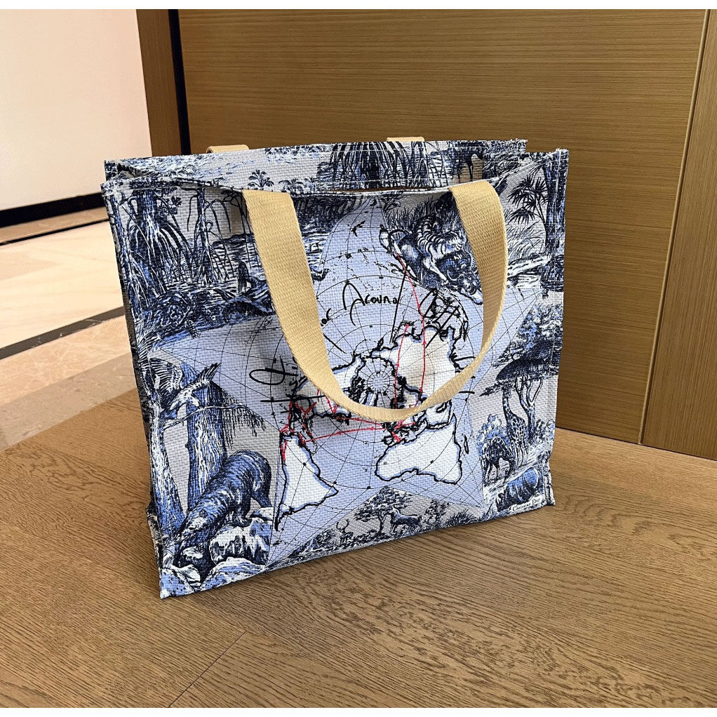 环球漫游系列麻料编织包托特包大容量沙滩袋简约创意便携多功能女