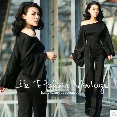 le palais vintage孤品 优雅复古实用显瘦夸张水袖露肩连体长裤