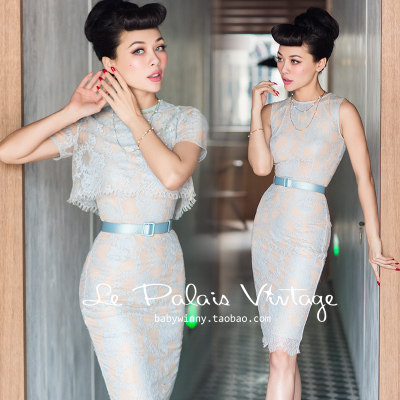 le palais vintage孤品 水蓝色进口蕾丝修身连衣裙+透视外搭