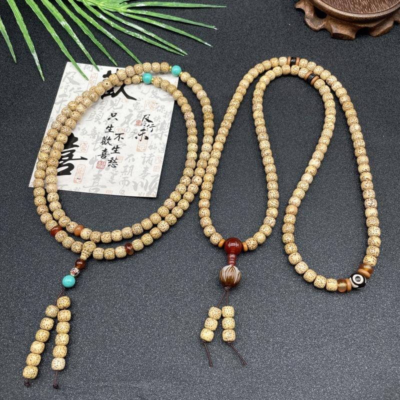 海南原生态鸡油黄108颗星月菩提籽手串老型桶珠星月陈籽佛珠手串
