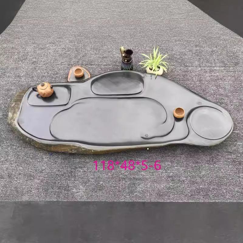 天然砚石素面茶盘新中式复古茶海毛石料茶具金皮黑色石材茶台