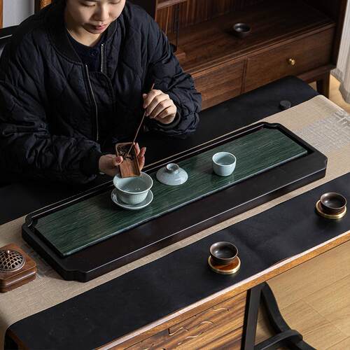 轻奢天然重竹木纹石茶盘家用办公室简约现代高级感功夫泡茶台海托