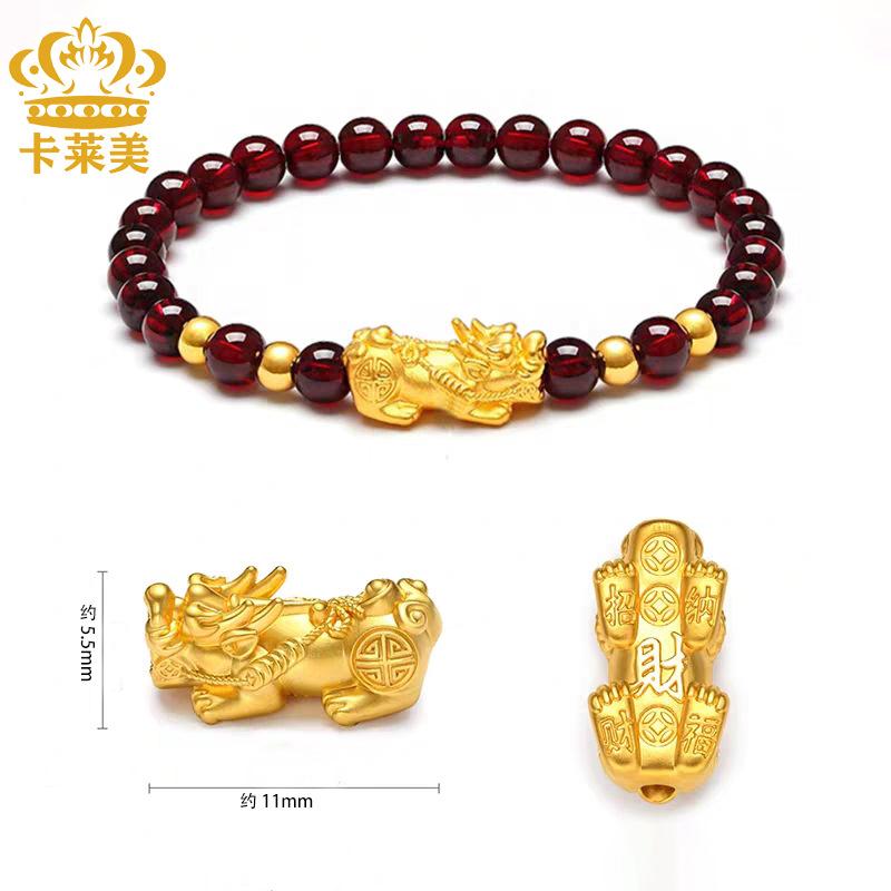 24k黄金貔貅手链配件3D硬金999足金貔貅宝宝石榴石手编绳饰品手串图片