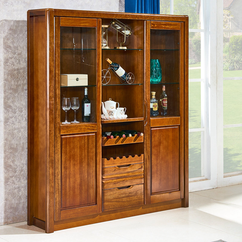 全实木酒柜客厅靠墙胡桃木玻璃储物展示柜现代简约中式餐边柜一体