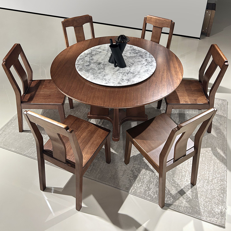 胡桃木圆餐桌全实木小户型现代简约圆形餐桌带转盘家用桌子饭桌