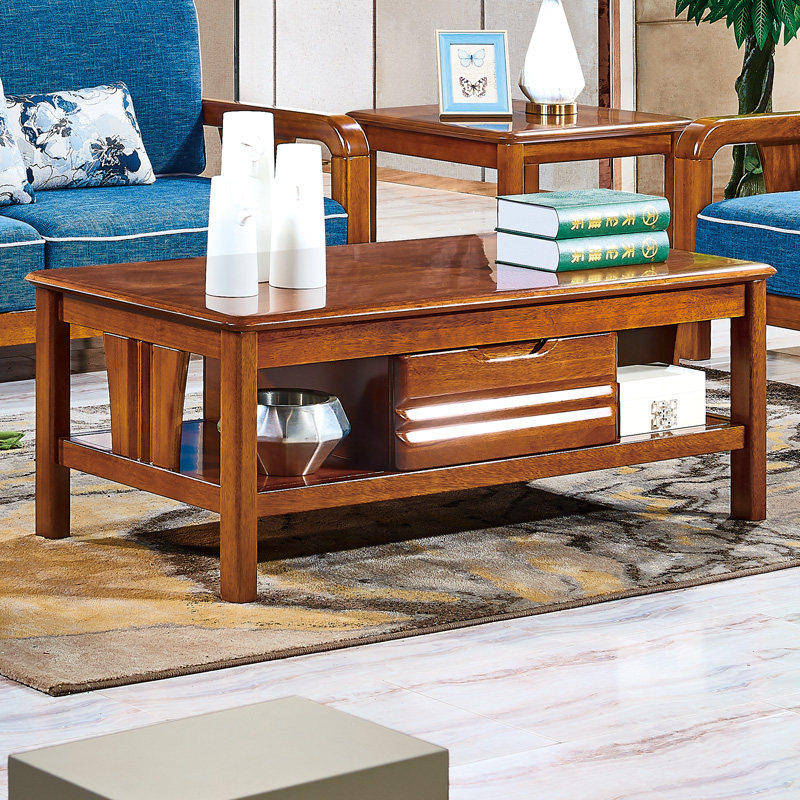 全实木茶几客厅家用长方形小户型胡桃木现代中式简约带抽屉储物