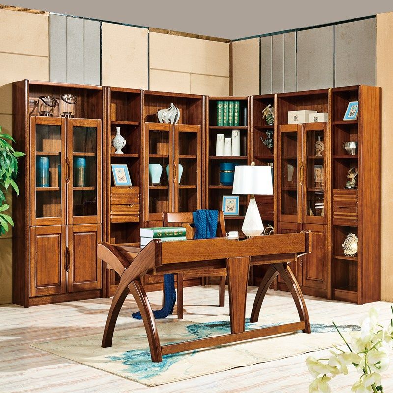 全实木书柜置物柜家用现代中式客厅带门转角落地书橱胡桃木储物柜