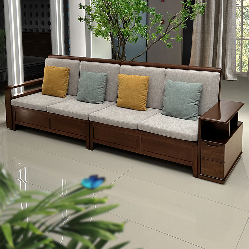 全实木沙发客厅家用现代简约储物胡桃木冬夏两用小户型直排沙发