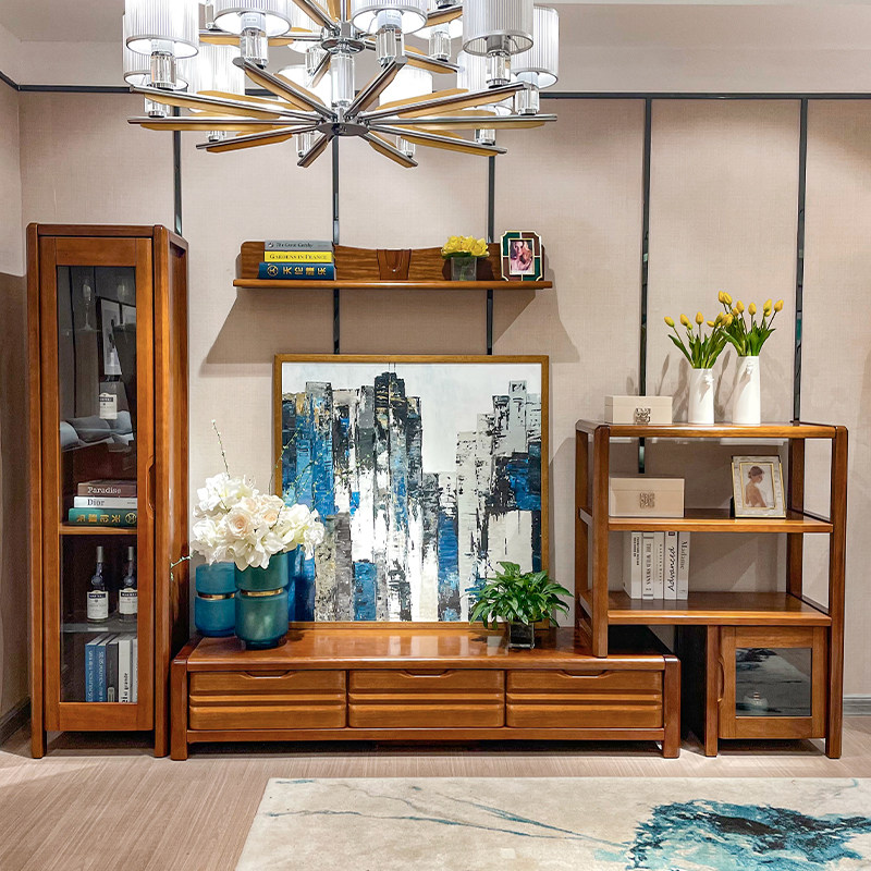 全实木电视柜胡桃木客厅家具组合地柜中式现代大小户型高低立柜