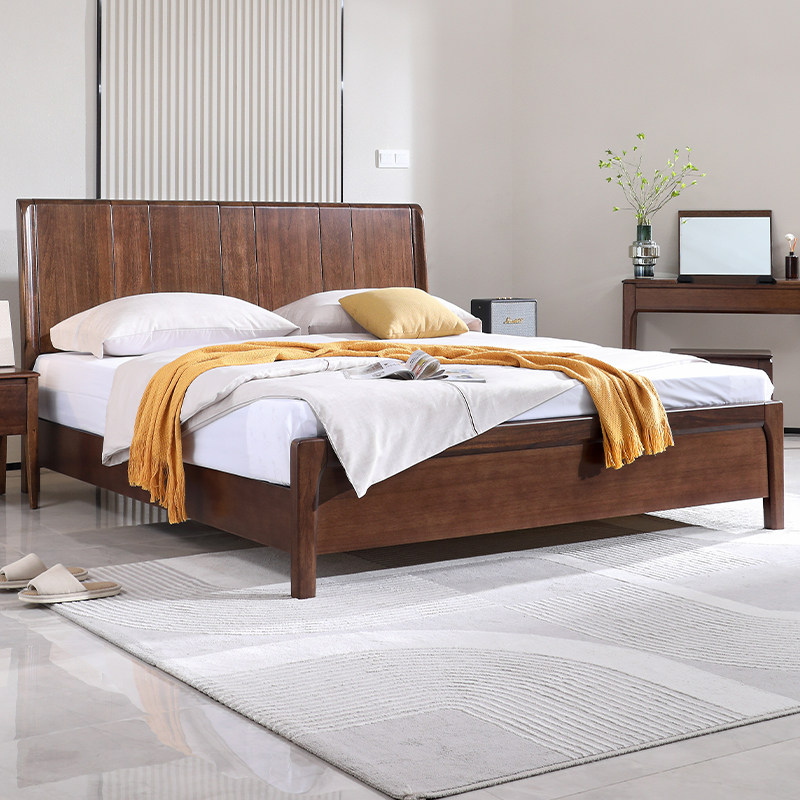 胡桃木全实木床现代主卧大床1.8米高箱储物1.5m卧室双人床婚床