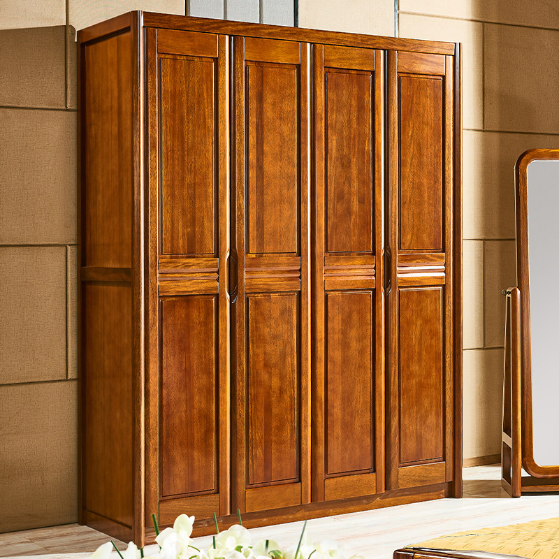 全实木衣柜家用卧室胡桃木现代中式家具四门大衣柜组装对开门衣橱
