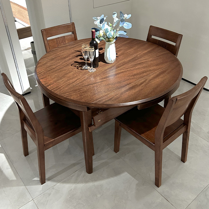 胡桃木餐桌可伸缩折叠椭圆家用可变圆桌简约现代全实木餐桌椅组合