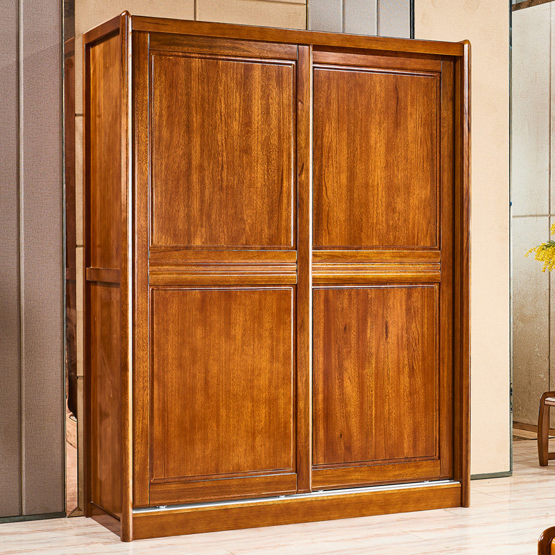 胡桃木全实木衣柜新现代中式家具两趟门推拉门大衣橱家用卧室定制