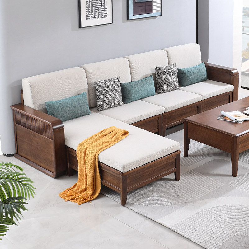 简约现代全实木沙发小户型客厅直排胡桃木四人五人位储物软靠沙发
