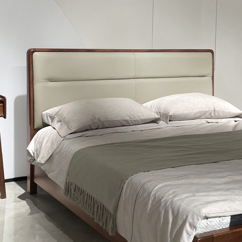 全实木床简约现代双人床1.8米1.5m软包靠背轻奢胡桃木主卧真皮