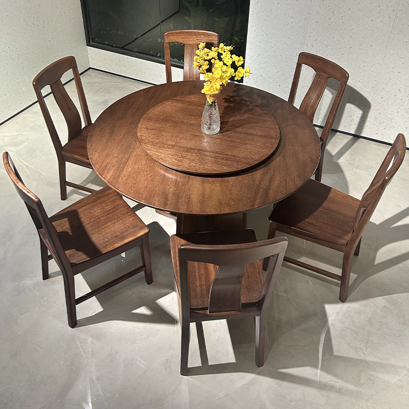 全实木餐桌家用小户型胡桃木现代简约圆形圆桌餐桌椅组合