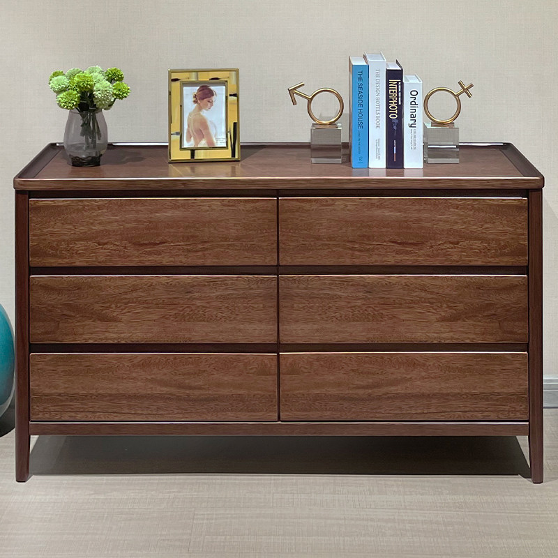 全实木五斗柜卧室胡桃木客厅主卧轻奢床尾现代黑色收纳抽屉六斗柜
