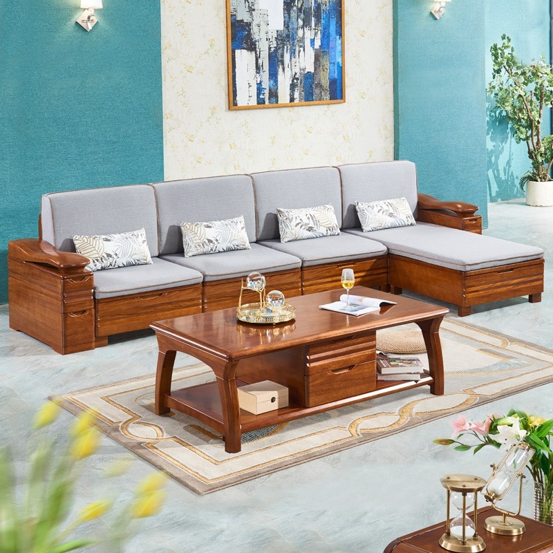 全实木沙发客厅现代中式金丝胡桃木小户型储物转角贵妃沙发三人位