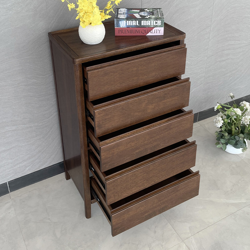 全实木五斗柜卧室电视柜旁边储物柜简约现代胡桃木客厅抽屉柜
