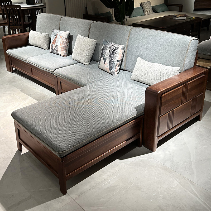 现代简约全实木转角沙发胡桃木储物箱体可拆洗沙发客厅小户型家具