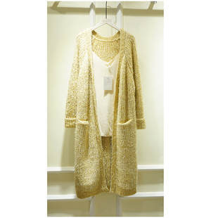 秋季新款韩版V领时尚百搭中长款气质慵懒风金丝毛衣开衫外套女