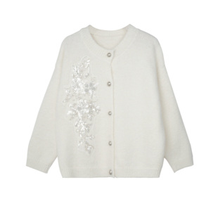 甜美风重工钉珠花朵刺绣针织开衫女米白色毛衣外套高级感上衣秋冬
