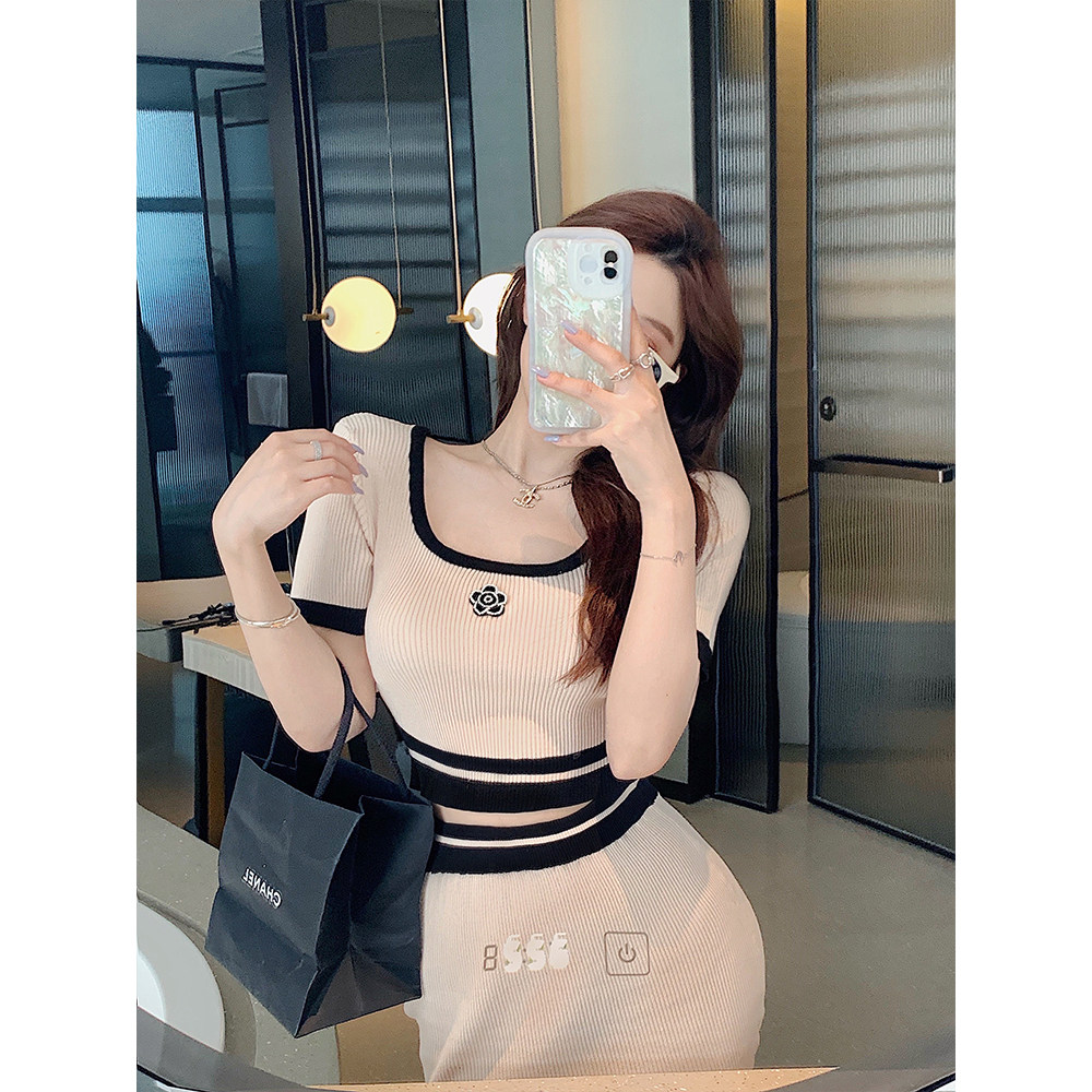 美美的夏夏 山茶花小香香优雅精致名媛风纯欲修身针织上衣 半裙女