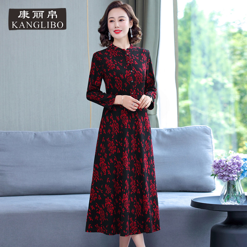 中年妈妈仿貂绒改良版旗袍长袖连衣裙女秋冬款长裙中老年裙子加厚