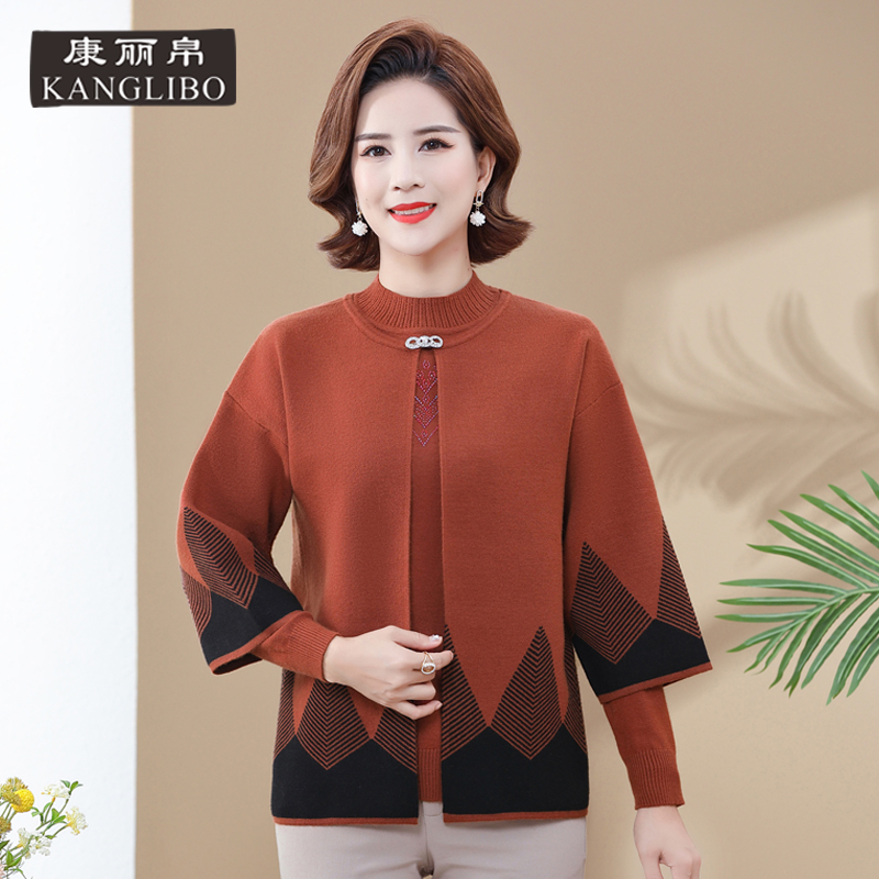 中年妈妈长袖针织衫女秋季新款中老年圆领毛衣两件套高贵奶奶上衣