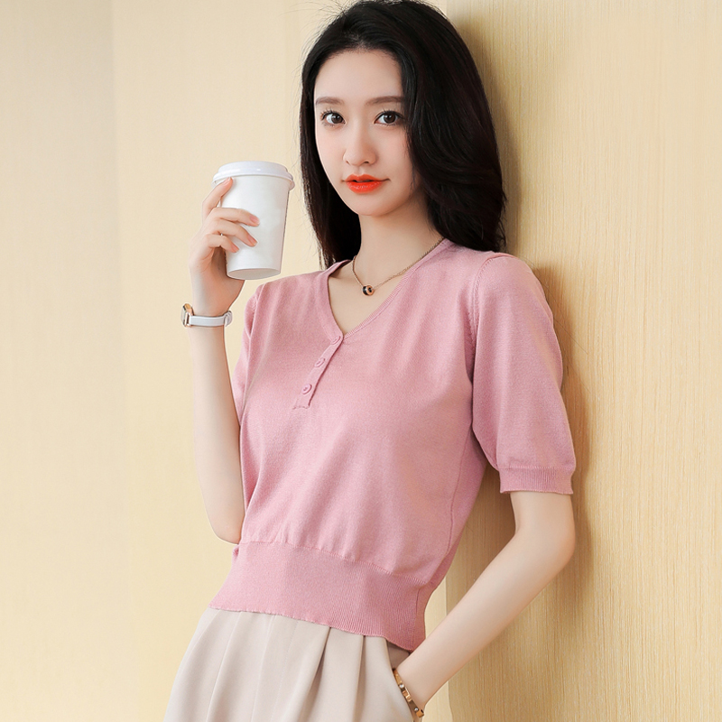 冰丝短袖t恤女夏季短款针织衫v领