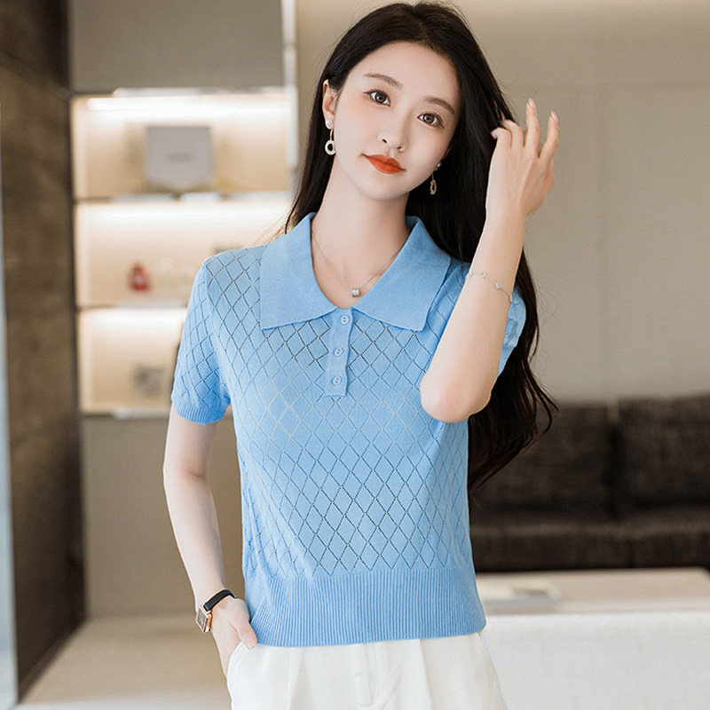 翻领冰丝短袖t恤女修身小个子图片