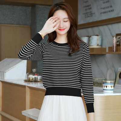 条纹短款毛衣女秋冬女装2025新款套头圆领针织衫小个子上衣打底衫