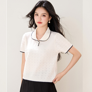 t恤女2026新款 小个子短款 夏季 镂空针织衫 设计感上衣 薄款 翻领短袖