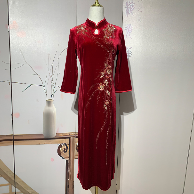 喜婆婆婚宴装改良旗袍金丝绒