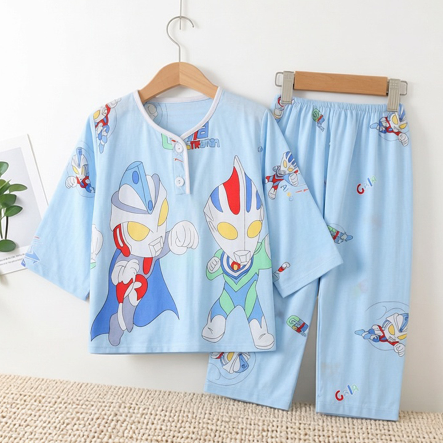 夏季儿童睡衣棉绸薄款男女童长袖小孩空调服奥特曼绵绸家居服套装