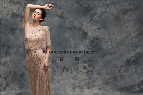 谷裘新款香槟色斜肩修身年会晚宴艺考演出声乐礼服定制婚礼妈妈装