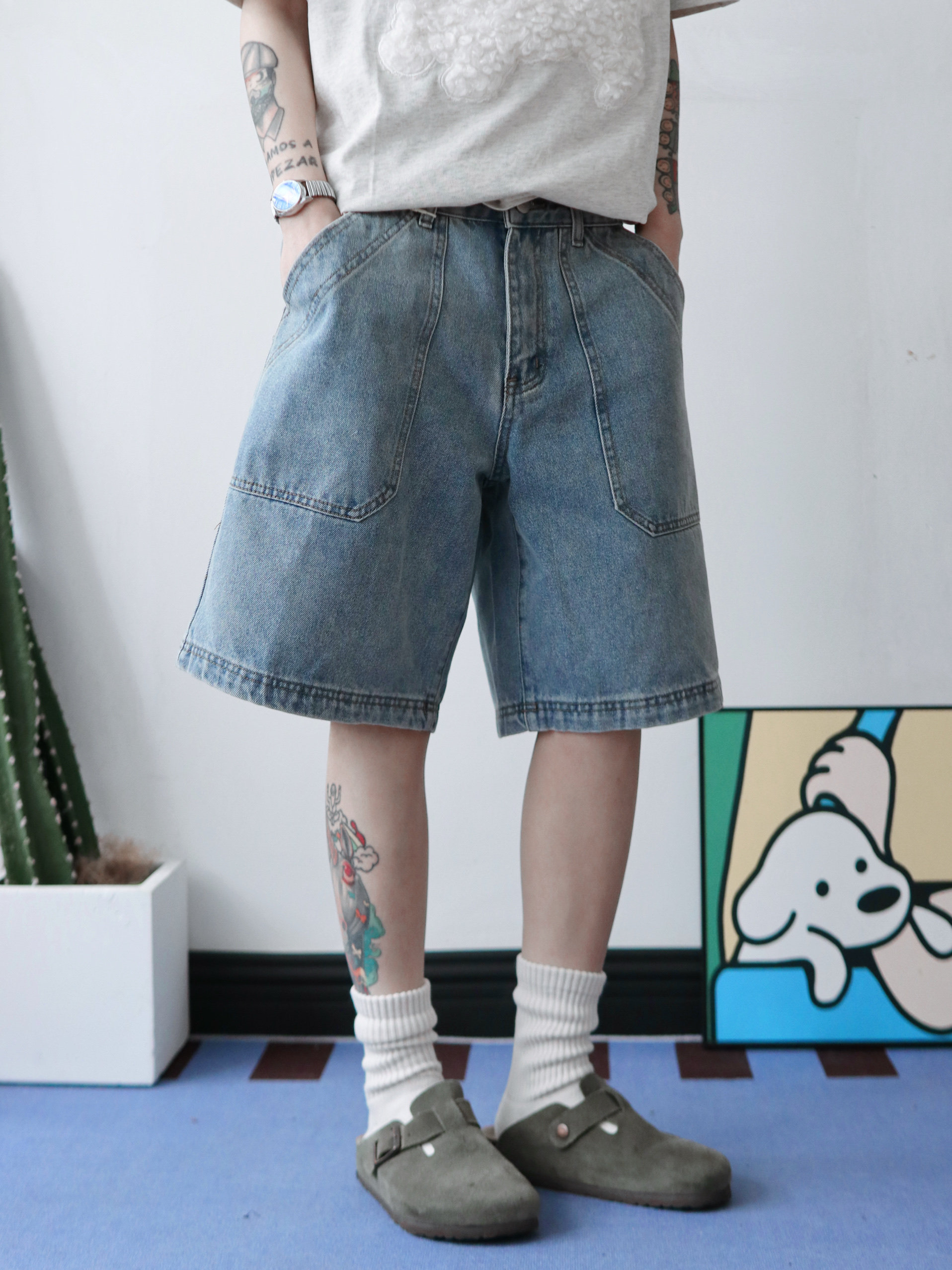 coolfish冻鱼集市 美式复古水洗做旧贴袋设计牛仔短裤街头五分裤