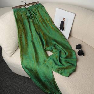 夏宽松显瘦阔 流光叠影墨绿色提花缎双面色新中式 休闲 ??裤 子女款