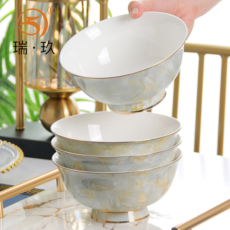 4个唐山骨瓷碗欧式家用6英寸面碗大碗防烫高足碗金边4.5饭碗套装