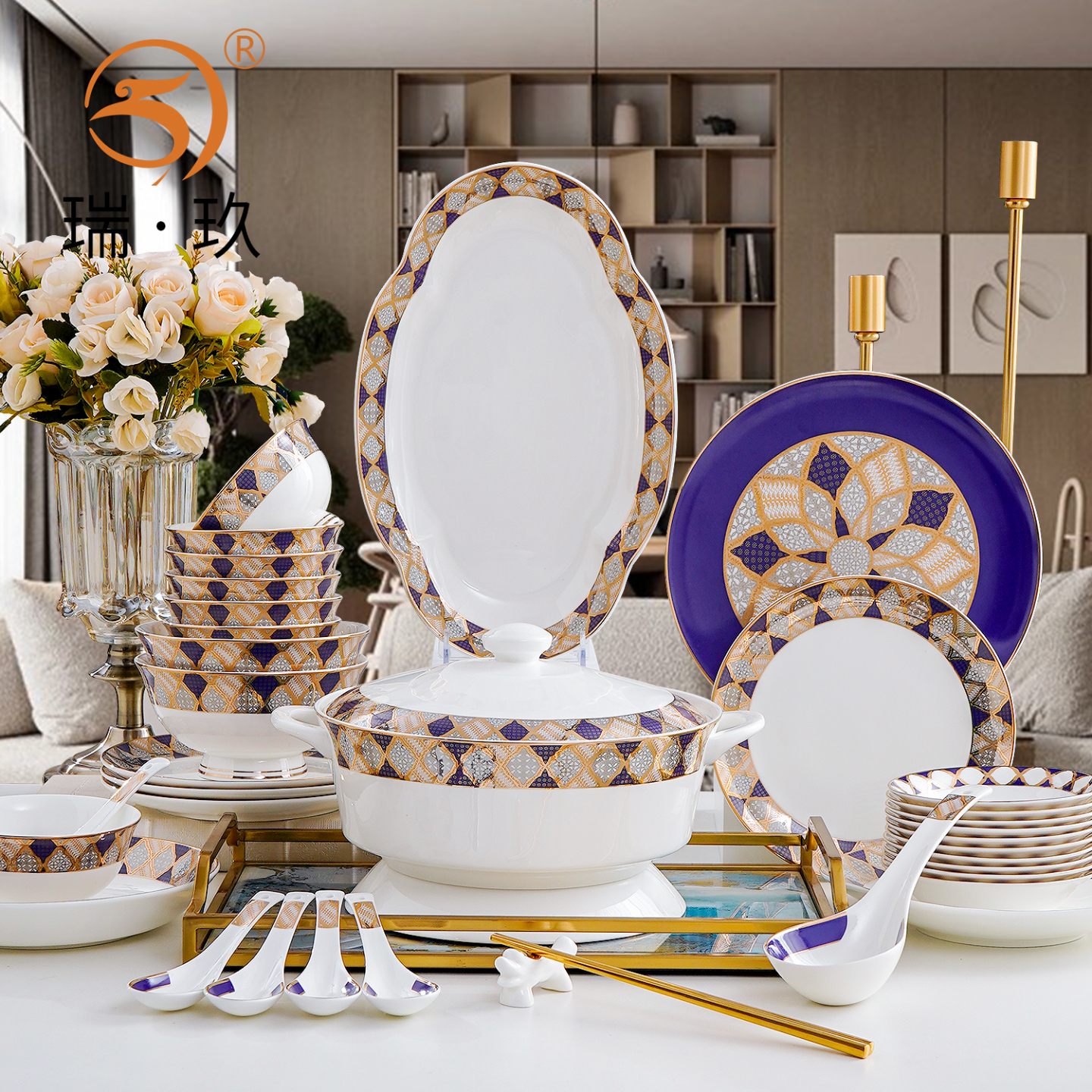 家用北欧蓝色10人整套骨瓷餐具