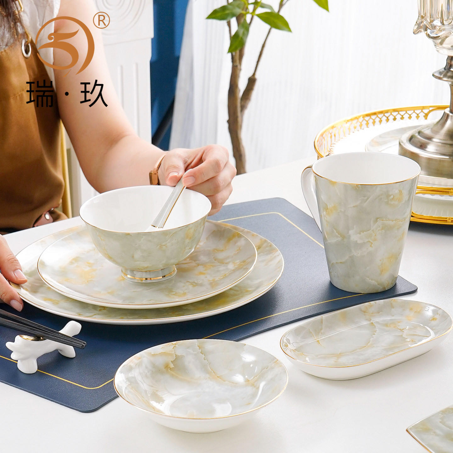 轻奢大理石纹骨瓷一人食餐具套装