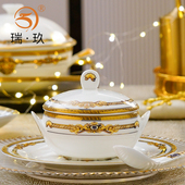 创意金边骨瓷炖盅欧式 带盖防烫燕窝碗会所酒店即位盅汤盅炖罐