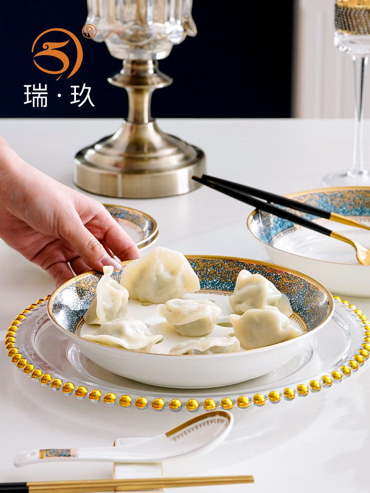 轻奢骨瓷大号饺子盘沥水双层盘家用8英寸菜盘深盘酒店陶瓷水果盘